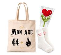 Planetee Coffret Tote Bag Mon Âge 38 à 46 Ans | Tote Bag Coton, Chaussettes Douces Cœur, Fleur Cœur en Crochet | 3 Pièces | Cadeau Noël Anniversaire Original Humour