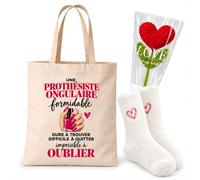 Planetee Coffret Tote Bag Prothésiste Ongulaire | Tote Bag Coton, Chaussettes Douces Cœur, Fleur Cœur en Crochet | 3 Pièces | Cadeau Noël Collègue Femme Départ Retraite Remerciement