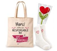 Planetee Coffret Tote Bag Responsable RH | Tote Bag Coton, Chaussettes Douces Cœur, Fleur Cœur en Crochet | 3 Pièces | Cadeau Noël Collègue Femme Départ Retraite Remerciement