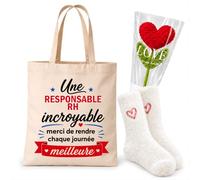 Planetee Coffret Tote Bag Responsable RH | Tote Bag Coton, Chaussettes Douces Cœur, Fleur Cœur en Crochet | 3 Pièces | Cadeau Noël Collègue Femme Départ Retraite Remerciement