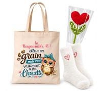Planetee Coffret Tote Bag Responsable RH | Tote Bag Coton, Chaussettes Douces Cœur, Fleur Cœur en Crochet | 3 Pièces | Cadeau Noël Collègue Femme Départ Retraite Remerciement