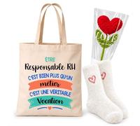 Planetee Coffret Tote Bag Responsable RH | Tote Bag Coton, Chaussettes Douces Cœur, Fleur Cœur en Crochet | 3 Pièces | Cadeau Noël Collègue Femme Départ Retraite Remerciement