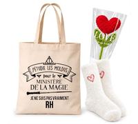 Planetee Coffret Tote Bag RH Ministère Magie | Tote Bag Coton, Chaussettes Douces Cœur, Fleur Cœur en Crochet | 3 Pièces | Cadeau Noël Collègue Femme Départ Retraite Remerciement