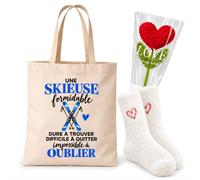 Planetee Coffret Tote Bag Skieuse | Tote Bag Coton, Chaussettes Douces Cœur, Fleur Cœur en Crochet | 3 Pièces | Cadeau Noël Collègue Femme Départ Retraite Remerciement