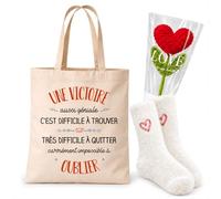 Planetee Coffret Tote Bag Victoire | Tote Bag Coton, Chaussettes Douces Cœur, Fleur Cœur en Crochet | 3 Pièces | Cadeau Noël Femme Anniversaire Fête Original