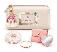 Planetee Coffret Trousse à Maquillage Alix Chérie | Trousse Coton, Miroir de Poche Cœur, Bracelet, Chouchou Satin, Porte-Clés | 5 Pièces | Cadeau Noël Femme Saint-Valentin Anniversaire Couple