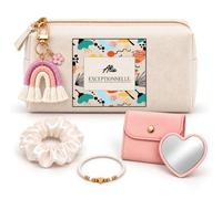 Planetee Coffret Trousse à Maquillage Alix Exceptionnelle | Trousse Coton, Miroir de Poche Cœur, Bracelet, Chouchou Satin, Porte-Clés | 5 Pièces | Cadeau Noël Femme Anniversaire Fête Original