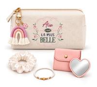 Planetee Coffret Trousse à Maquillage Alix la Plus Belle | Trousse Coton, Miroir de Poche Cœur, Bracelet, Chouchou Satin, Porte-Clés | 5 Pièces | Cadeau Noël Femme Anniversaire Fête Original