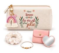 Planetee Coffret Trousse à Maquillage Avec Simone la Vie est Jolie | Trousse Coton, Miroir de Poche Cœur, Bracelet, Chouchou Satin, Porte-Clés | 5 Pièces | Cadeau Noël Femme Anniversaire Fête Original