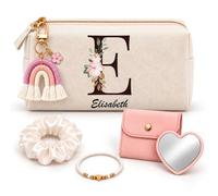 Planetee Coffret Trousse à Maquillage Elisabeth Lettre Fleurie | Trousse Coton, Miroir de Poche Cœur, Bracelet, Chouchou Satin, Porte-Clés | 5 Pièces | Cadeau Noël Femme Anniversaire Fête Original
