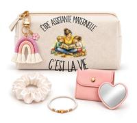 Planetee Coffret Trousse à Maquillage Être Assistante Maternelle C'est la Vie | Trousse Coton, Miroir de Poche Cœur, Bracelet, Chouchou Satin, Porte-Clés | 5 Pièces | Cadeau Noël Nounou Crèche Fin