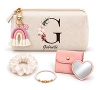 Planetee Coffret Trousse à Maquillage Gabrielle Lettre Fleurie | Trousse Coton, Miroir de Poche Cœur, Bracelet, Chouchou Satin, Porte-Clés | 5 Pièces | Cadeau Noël Femme Anniversaire Fête Original