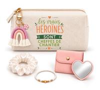 Planetee Coffret Trousse à Maquillage Les Vraies Héroïnes Cheffes de Chantier | Trousse Coton, Miroir de Poche Cœur, Bracelet, Chouchou Satin, Porte-Clés | 5 Pièces | Cadeau Noël Collègue Femme Départ