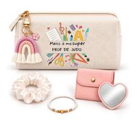 Planetee Coffret Trousse à Maquillage Merci à ma Super Prof de Judo | Trousse Coton, Miroir de Poche Cœur, Bracelet, Chouchou Satin, Porte-Clés | 5 Pièces | Cadeau Noël Fin d'Année École Remerciement