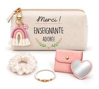 Planetee Coffret Trousse à Maquillage Merci Enseignante Adorée | Trousse Coton, Miroir de Poche Cœur, Bracelet, Chouchou Satin, Porte-Clés | 5 Pièces | Cadeau Noël Fin d'Année École Remerciement