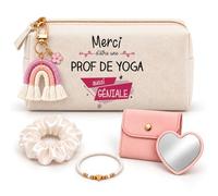 Planetee Coffret Trousse à Maquillage Merci Prof de Yoga Géniale | Trousse Coton, Miroir de Poche Cœur, Bracelet, Chouchou Satin, Porte-Clés | 5 Pièces | Cadeau Noël Fin d'Année École Remerciement