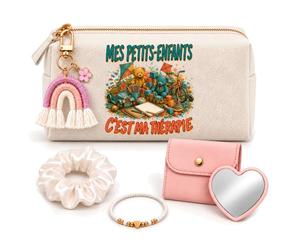 Planetee Coffret Trousse à Maquillage Mes Petits Enfants Ma Thérapie | Trousse Coton, Miroir de Poche Cœur, Bracelet, Chouchou Satin, Porte-Clés | 5 Pièces | Cadeau Noël Femme Passionnée Humour