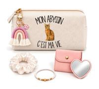 Planetee Coffret Trousse à Maquillage Mon Abyssin C'est ma Vie | Trousse Coton, Miroir de Poche Cœur, Bracelet, Chouchou Satin, Porte-Clés | 5 Pièces | Cadeau Noël Femme Passionnée Humour Original