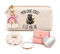 Planetee Coffret Trousse à Maquillage Mon Cane Corso C'est ma Vie | Trousse Coton, Miroir de Poche Cœur, Bracelet, Chouchou Satin, Porte-Clés | 5 Pièces | Cadeau Noël Femme Passionnée Humour Original