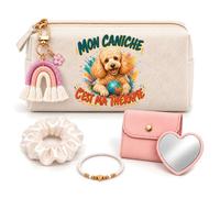 Planetee Coffret Trousse à Maquillage Mon Caniche Ma Thérapie | Trousse Coton, Miroir de Poche Cœur, Bracelet, Chouchou Satin, Porte-Clés | 5 Pièces | Cadeau Noël Femme Passionnée Humour Original
