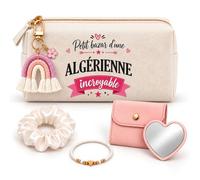 Planetee Coffret Trousse à Maquillage Petit Bazar d'une Algérienne Incroyable | Trousse Coton, Miroir de Poche Cœur, Bracelet, Chouchou Satin, Porte-Clés | 5 Pièces | Cadeau Noël Femme Anniversaire