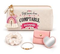 Planetee Coffret Trousse à Maquillage Petit Bazar d'une Comptable Incroyable | Trousse Coton, Miroir de Poche Cœur, Bracelet, Chouchou Satin, Porte-Clés | 5 Pièces | Cadeau Noël Collègue Femme Départ