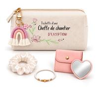 Planetee Coffret Trousse à Maquillage Pochette d'une Cheffe de Chantier d'Exception | Trousse Coton, Miroir de Poche Cœur, Bracelet, Chouchou Satin, Porte-Clés | 5 Pièces | Cadeau Noël Collègue Femme