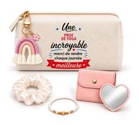 Planetee Coffret Trousse à Maquillage Une Prof de Yoga Incroyable | Trousse Coton, Miroir de Poche Cœur, Bracelet, Chouchou Satin, Porte-Clés | 5 Pièces | Cadeau Noël Fin d'Année École Remerciement