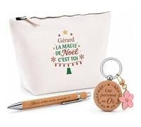 Planetee Coffret Trousse Gérard, la Magie de Noël C'est toi | Trousse Coton, Stylo Bambou Gravé, Porte-Clés Bois | 3 Pièces | Cadeau Remerciement Anniversaire Noël Prénom