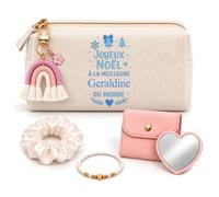 Planetee Coffret Trousse Joyeux Noël à la Meilleure Geraldine du Monde | Trousse Coton, Miroir de Poche Cœur, Porte-Clés Arc-en-Ciel, Bracelet, Chouchou Satin | 5 Pièces | Cadeau Noël Femme