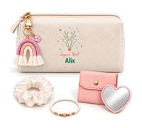 Planetee Coffret Trousse Joyeux Noël Alix | Trousse Coton, Miroir de Poche Cœur, Porte-Clés Arc-en-Ciel, Bracelet, Chouchou Satin | 5 Pièces | Cadeau Noël Femme Anniversaire Fête Original
