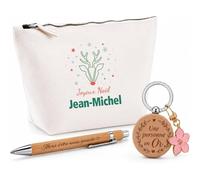 Planetee Coffret Trousse Joyeux Noël Jean-Michel | Trousse Coton, Stylo Bambou Gravé, Porte-Clés Bois | 3 Pièces | Cadeau Remerciement Anniversaire Noël Prénom