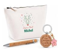Planetee Coffret Trousse Joyeux Noël Michel | Trousse Coton, Stylo Bambou Gravé, Porte-Clés Bois | 3 Pièces | Cadeau Remerciement Anniversaire Noël Prénom