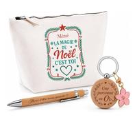 Planetee Coffret Trousse Mémé, la Magie de Noël C'est toi | Trousse Coton, Stylo Bambou Gravé, Porte-Clés Bois | 3 Pièces | Cadeau Remerciement Anniversaire Noël Prénom
