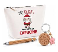 Planetee Coffret Trousse Pas Touche ! Propriété de Capucine | Trousse Coton, Stylo Bambou Gravé, Porte-Clés Bois | 3 Pièces | Cadeau Remerciement Anniversaire Noël Prénom