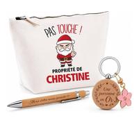 Planetee Coffret Trousse Pas Touche ! Propriété de Christine | Trousse Coton, Stylo Bambou Gravé, Porte-Clés Bois | 3 Pièces | Cadeau Remerciement Anniversaire Noël Prénom