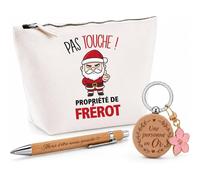 Planetee Coffret Trousse Pas Touche ! Propriété de Frérot | Trousse Coton, Stylo Bambou Gravé, Porte-Clés Bois | 3 Pièces | Cadeau Remerciement Anniversaire Noël Prénom