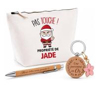 Planetee Coffret Trousse Pas Touche ! Propriété de Jade | Trousse Coton, Stylo Bambou Gravé, Porte-Clés Bois | 3 Pièces | Cadeau Remerciement Anniversaire Noël Prénom