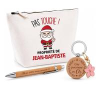 Planetee Coffret Trousse Pas Touche ! Propriété de Jean-Baptiste | Trousse Coton, Stylo Bambou Gravé, Porte-Clés Bois | 3 Pièces | Cadeau Remerciement Anniversaire Noël Prénom