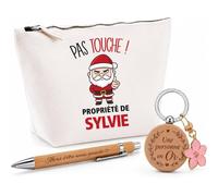 Planetee Coffret Trousse Pas Touche ! Propriété de Sylvie | Trousse Coton, Stylo Bambou Gravé, Porte-Clés Bois | 3 Pièces | Cadeau Remerciement Anniversaire Noël Prénom
