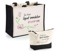Planetee Duo Cabas Jute et Trousse Noire Agent Immobilier d'exception - Cadeau Femme Collègue Retraite Remerciement Secret Santa - Sac de Shopping avec Pochette