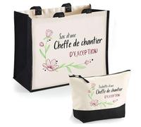 Planetee Duo Cabas Jute et Trousse Noire Cheffe de Chantier au Top - Cadeau Femme Collègue Retraite Remerciement Secret Santa - Sac de Shopping avec Pochette