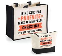 Planetee Duo Cabas Jute et Trousse Noire Christine Parfaite - Cadeau Femme Anniversaire Noël fête des Mères Mamie - Sac Shopping Courses et Pochette