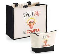 Planetee Duo Cabas Jute et Trousse Noire Compta J'peux Pas - Cadeau Anniversaire Noël Femme Homme - Sac Cabas Shopping avec Pochette