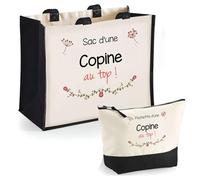 Planetee Duo Cabas Jute et Trousse Noire Copine au Top - Cadeau Femme Anniversaire Saint Valentin Noël - Sac Shopping Courses et Pochette