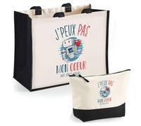 Planetee Duo Cabas Jute et Trousse Noire Couple Robot Mignon Coeur Déjà Pris J'peux Pas - Cadeau Anniversaire Noël Femme Homme - Sac Cabas Shopping avec Pochette