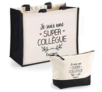 Planetee Duo Cabas Jute et Trousse Noire Eugénie Une Super Collègue - Cadeau Anniversaire Fête des Mères Noël Femme - Sac Cabas Shopping avec Pochette
