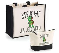 Planetee Duo Cabas Jute et Trousse Noire Jeux Vidéo Tortue J'peux Pas - Cadeau Anniversaire Noël Femme Homme - Sac Cabas Shopping avec Pochette