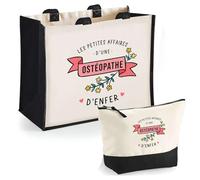 Planetee Duo Cabas Jute et Trousse Noire Les Affaires d'une Ostéopathe d'Enfer - Cadeau Anniversaire Fête des Mères Noël Femme - Sac Cabas Shopping avec Pochette