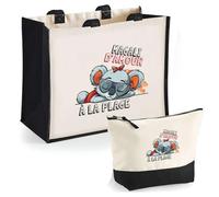 Planetee Duo Cabas Jute et Trousse Noire Magali à la Plage - Cadeau Anniversaire Fête des Mères Noël Femme - Sac Cabas Shopping avec Pochette